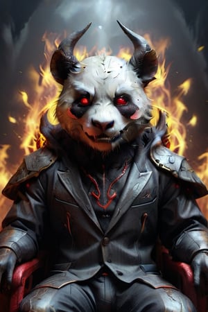 a panda face, with high tech suit, red glowing eyes, devil hornes, face sowrd cut, background yellow rangs, sitting a devil hell chair, realistic, 8k details.