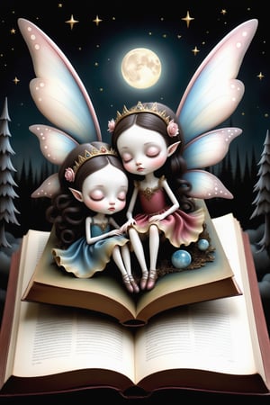 Cinematic scene - side view full body shot. in the style of Nicoletta Ceccoli, Mark Ryden and Esao Andrews. a detailed picture of cute fairy sisters with elaborate fairy costume and elaborate fairy wings sleeping. their eyes are closed. they are lying down on their side on a giant elaborate illustrated open book she is using as her bed under a full moon in a magical forest at night.