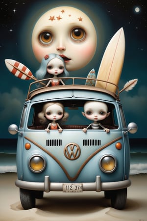 Cinematic scene - full body shot side view. in the style of Nicoletta Ceccoli, Mark Ryden and Esao Andrews. a detailed picture of a cute surfer girl and cute surfer boy sitting in a volkswagon car, surfboards in the back seat, parked next to the beach at night under a full moon girl wearing bikini, boy wearing swimming shorts, tank top, beach wear, in the style Nicoletta Ceccoli, Mark Ryden and Esao Andrews.