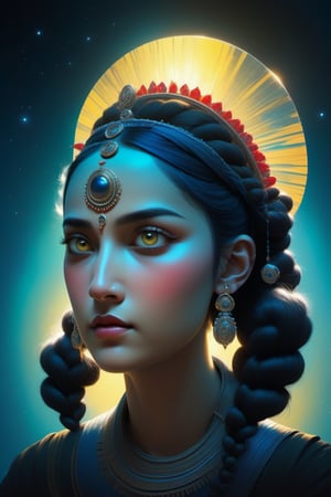 (masterpiece, best quality, ultra-detailed, best shadow), (detailed background,dark fantasy), (beautiful detailed face), high contrast, (best illumination, an extremely delicate and beautiful), ((cinematic light)), colorful, hyper detail, dramatic light, intricate details, Cute big headed large yellow eyed indian girl with white hair in elaborate braids and buns and adornments. she wears a crown. She’s on an alien planet. in her hand she holds a glowing glass circle with a small alien world visible inside. The world is floating in the glass circle. She is obviously an alien with tight fitting outfit, decorated heavily with vibrant royal blues, whites, silvers and reds