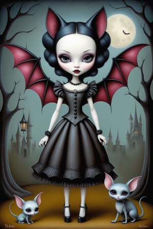 Cinematic scene - full body shot. in the style of Nicoletta Ceccoli, Mark Ryden and Esao Andrews. a detailed picture of draculara from monster high with her pet bat count fabulous in the style Nicoletta Ceccoli, Mark Ryden and Esao Andrews. 