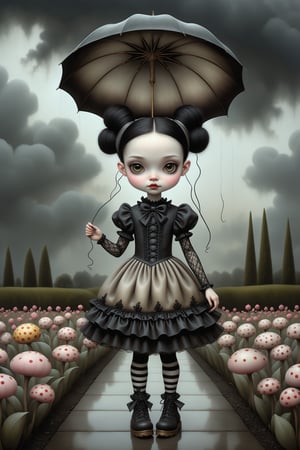 Cinematic scene - full body shot. in the style of Nicoletta Ceccoli, Mark Ryden and Esao Andrews. a detailed picture of a girl with long jet black hair in elaborate buns and braids smiling happy joyful its raining. she is wearing an elaborate high fashion gothic lolita outfit. there is lightning and dark storm clouds in the sky. her umbrella is on the ground behind her. she is standing in a flower garden. in the style Nicoletta Ceccoli, Mark Ryden and Esao Andrews. dynamic pose. 