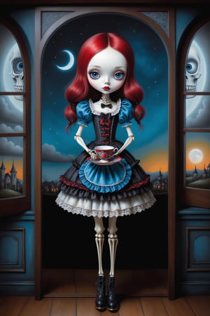 Cinematic full body shot of a beautiful young sweet gothic lolita woman in the artistic style of Nicoletta Ceccoli, Mark Ryden and Esao Andrews. minimalist style. sweet smile. bright blue eyes. shiny long red hair with fringe bangs. she is standing next to her window holding a teacup. it is night time, full moon dark sky outside of her window. she wears an elaborate sweet lolita dress in red blue white black colors, patterned stockings, victorian button pointy boots. a painted wooden rocking horse with a skeleton horse is next to her. feeling of exquisite beauty, whimsical dreams and magic. extremely detailed, (((perfect female anatomy))). extremely detailed, in the style of esao andrews, full body shot. head to toe shot. dynamic pose.