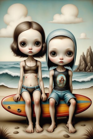 Cinematic scene - full body shot.  in the style of Nicoletta Ceccoli, Mark Ryden and Esao Andrews. a detailed picture of a cute surfer girl and cute surfer boy sitting on the beach on towels, surfboards nearby, ocean waves, girl wearing bikini, boy wearing swimming shorts, tank top, beach wear, in the style Nicoletta Ceccoli, Mark Ryden and Esao Andrews.