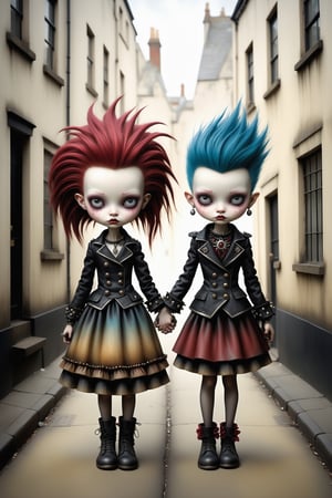Cinematic scene - full body shot. in the style of Nicoletta Ceccoli, Mark Ryden and Esao Andrews. a detailed picture of a punk girl and girl holding hands in a london alleyway in elaborate high fashion punk outfits in the style Nicoletta Ceccoli, Mark Ryden and Esao Andrews. 