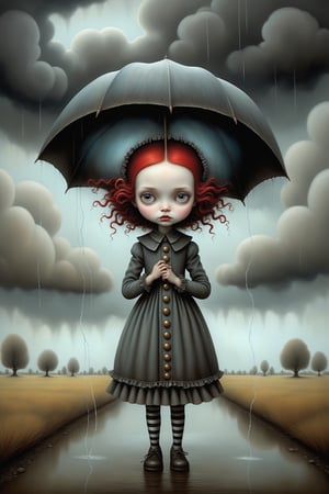 Cinematic scene - full body shot. in the style of Nicoletta Ceccoli, Mark Ryden and Esao Andrews. rain on my parade. there is lightning and dark storm clouds in the sky.  