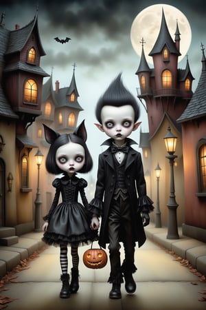 Cinematic scene - full body shot. in the style of Nicoletta Ceccoli, Mark Ryden and Esao Andrews. a detailed picture of a teen goth girl and teen goth boy walking down a scary dark street in a small town during halloween. full moon, bats flying, cats on the street, wearing elaborate high fashion gothic outfits, hot topic, gothic lolita, hair, jewelry, shoes, make-up.  in the style Nicoletta Ceccoli, Mark Ryden and Esao Andrews.