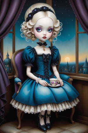 Cinematic full body shot of a beautiful young sweet gothic lolita woman in the artistic style of Nicoletta Ceccoli, Mark Ryden and Esao Andrews. minimalist style. sweet smile. bright blue eyes. shiny long ringlet blond curly hair with bangs. she is sitting in a large rococo cushioned chair next to her window holding a teacup. it is night time, full moon dark sky outside of her window. she wears an elaborate sweet lolita dress in purple victorian patterns gold black dark blue accents colors, patterned stockings, victorian button pointy boots. large long dangle elaborate earrings on both ears. feeling of exquisite beauty, whimsical dreams and magic. extremely detailed, (((perfect female anatomy))). extremely detailed, in the style of esao andrews, full body shot. head to toe shot. dynamic pose.