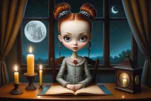 Cinematic shot of a beautiful young woman in the artistic style of Nicoletta Ceccoli, mark ryden and Esao Andrews. minimalist style. sweet smile. shiny long auburn hair in elaborate braids and buns. she is sitting at her desk playing with a ouiji board. it is night time, full moon outside of her window. her room has lit candles, old books, magical decorations. feeling of exquisite beauty, whimsical dreams and magic. extremely detailed, (((perfect female anatomy))). extremely detailed, in the style of esao andrews, full body shot. head to toe shot. dynamic pose.