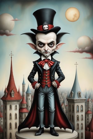 Cinematic scene - full body shot. in the style of Nicoletta Ceccoli, Mark Ryden and Esao Andrews. a detailed picture dracula, in an elaborate high fashion outfit standing on the roof of a high rise building in a gothic city in the style of Nicoletta Ceccoli, Mark Ryden and Esao Andrews. 