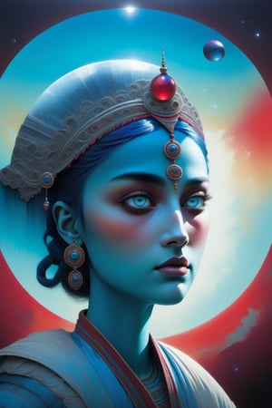 (masterpiece, best quality, ultra-detailed, best shadow), (detailed background,dark fantasy), (beautiful detailed face), high contrast, (best illumination, an extremely delicate and beautiful), ((cinematic light)), colorful, hyper detail, dramatic light, intricate details, Cute big headed large ice blue eyed indian girl with multi-colored pastel hair. she wears a crown. She’s on an alien planet. in her hand she holds a glowing glass circle with a small alien world visible inside. The world is floating in the glass circle. She is obviously an alien with tight fitting outfit, decorated heavily with vibrant royal blues, whites, silvers and reds