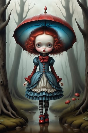 Cinematic scene - full body shot. in the style of Nicoletta Ceccoli, Mark Ryden and Esao Andrews. a picture of a pretty girl walking in a forest. she has long vivid curly red hair. she is wearing an elaborate high fashion decorated rococo dress, stockings and shoes. there is lightning and dark storm clouds in the sky. rain is fallingand she is getting wet. she is wearing a hat with a little umbrella on it. her hands are empty. in the style Nicoletta Ceccoli, Mark Ryden and Esao Andrews. dynamic pose. 