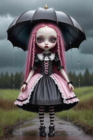 Cinematic scene - full body shot. in the style of Nicoletta Ceccoli, Mark Ryden and Esao Andrews. a picture of a pretty girl standing under a carnaval tent in the pouring rain. rain is dripping and falling all around. she has long bright pink colored hair in elaborate braids and buns. she has gothic make-up on her eyes and face. she is wearing an elaborate high fashion gothic lolita, stockings and shoes. raindrops are falling from the sky. there is lightning and dark storm clouds in the sky. (((perfect hands))) (((manicured fingernails))) ((((nail polish)))