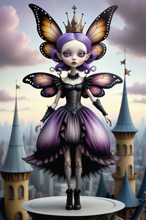 Cinematic scene - full body shot. in the style of Nicoletta Ceccoli, Mark Ryden and Esao Andrews. a detailed picture of a fairy queen woman with fairy wings, antenna, purple hair, in an elaborate high fashion outfit standing on the roof of a high rise building in a gothic city in the style of Nicoletta Ceccoli, Mark Ryden and Esao Andrews. 