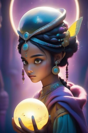 (masterpiece, best quality, ultra-detailed, best shadow), (detailed background,dark fantasy), (beautiful detailed face), high contrast, (best illumination, an extremely delicate and beautiful), ((cinematic light)), colorful, hyper detail, dramatic light, intricate details, Cute big headed large eyed indian girl with pastel hair she wears a crown. She’s on an alien planet with a small creature resting on her shoulder in her hand she holds a small world. The world is floating between both hands. She is obviously an alien with tight fitting outfit, decorated heavily with silver And yellow pattern