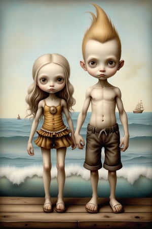 Cinematic scene - full body shot. side view in the style of Nicoletta Ceccoli, Mark Ryden and Esao Andrews. a detailed picture of a tan golden skinned surfer girl and tan golden skinned surfer boy standing on a wooden pier near the ocean, ocean waves splashing, wearing bikini, swimming shorts, tank top, beach wear, in the style Nicoletta Ceccoli, Mark Ryden and Esao Andrews.