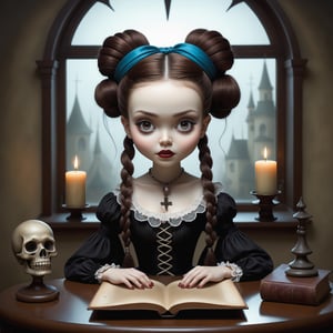 Cinematic shot of a beautiful young gothic lolita woman in the artistic style of Nicoletta Ceccoli, mark ryden and Esao Andrews. minimalist style. sweet smile. shiny long auburn hair in elaborate braids and buns. she is sitting at her desk. a ouija board is on her desk.  there is a ghostly female spirit floating above her. she is looking at the ouija board. it is night time, full moon outside of her window. her room has lit candles, old books, magical decorations. feeling of exquisite beauty, whimsical dreams and magic. extremely detailed, (((perfect female anatomy))). extremely detailed, in the style of esao andrews, full body shot. head to toe shot. dynamic pose.