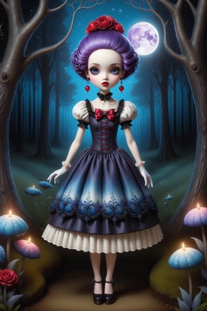 Cinematic full body shot of a beautiful young sweet gothic lolita woman in the artistic style of Nicoletta Ceccoli, Mark Ryden and Esao Andrews. minimalist style. sweet smile. bright blue eyes. long curly purple hair with bangs. she is standing in a magical forest with beautiful trees, illuminated flowers, ferns, glowing landscape lights. it is night time, full moon. dark sky outside of her window. she wears an elaborate gothic lolita dress in red, navy blue, white colors. gloves on her hands. elaborate large earrings, feeling of exquisite beauty, whimsical dreams and magic. extremely detailed, (((perfect female anatomy))). extremely detailed, in the style of esao andrews, full body shot. head to toe shot. 