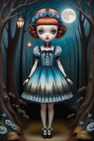 Cinematic full body shot of a beautiful young sweet gothic lolita woman in the artistic style of Nicoletta Ceccoli, Mark Ryden and Esao Andrews. minimalist style. sweet smile. bright blue eyes. shiny short straight layered copper hair with bangs. she is standing in a magical forest with beautiful trees, illuminated flowers, ferns, glowing lightening bugs flying around. it is night time, full moon. dark sky outside of her window. she wears an elaborate sweet lolita dress large long dangle elaborate earrings on both ears. feeling of exquisite beauty, whimsical dreams and magic. extremely detailed, (((perfect female anatomy))). extremely detailed, in the style of esao andrews, full body shot. head to toe shot. dynamic pose.