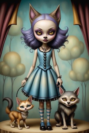 Cinematic scene - full body shot. in the style of Nicoletta Ceccoli, Mark Ryden and Esao Andrews. a detailed picture of clawdeen wolf, an african american wolf girl from monster high with her pet cat crescent in the style Nicoletta Ceccoli, Mark Ryden and Esao Andrews. 