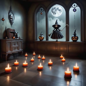 Cinematic shot, wide shot, a transparent ghost of a small girl floating above the floor in the style Nicoletta Ceccoli, Mark Ryden and Esao Andrews. minimalist style. in a detailed elaborate gothic bedroom with witch pattern wallpaper, creepy paintings on the walls, dolls, colorful magical potion bottles, glowing magical circle with magical symbols on floor, ancient leather spellbooks, candelabra, skulls, witch brooms, healing crystals. creepy cat. pentacle, night time. full moon can be seen through the large window. (((perfect female hands))) (((perfect fingers))) (((manicured painted long fingernails)))