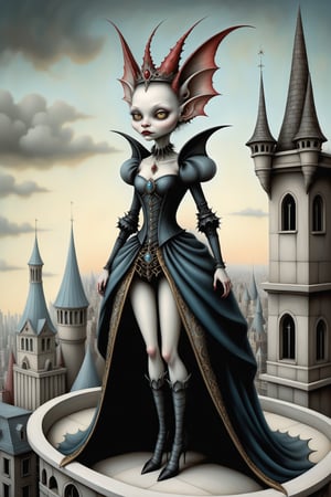 Cinematic scene - full body shot. in the style of Nicoletta Ceccoli, Mark Ryden and Esao Andrews. a detailed picture of a gargoyle queen in an elaborate high fashion outfit standing on the roof of a high rise building in a gothic city in the style of Nicoletta Ceccoli, Mark Ryden and Esao Andrews. 