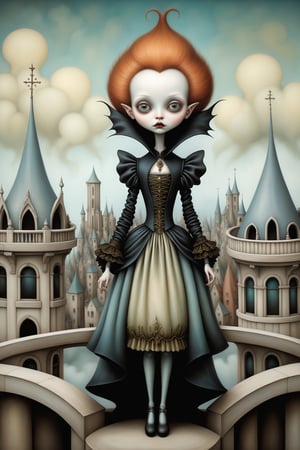 Cinematic scene - full body shot. in the style of Nicoletta Ceccoli, Mark Ryden and Esao Andrews. a detailed picture of an irish banshee, in an elaborate high fashion outfit standing on the roof of a high rise building in a gothic city in the style of Nicoletta Ceccoli, Mark Ryden and Esao Andrews. 