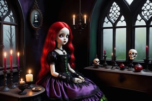Cinematic scene - long shot, a gothic small girl, vibrant red long hair, bright green eyes, elaborate earrings, necklace, wearing elaborate gothic lolita dress purple, black, red colors, black lace gloves. she is in her gothic room playing with her creepy toys. in the style Nicoletta Ceccoli, Mark Ryden and Esao Andrews. minimalist style. a detailed elaborate gothic bedroom. dark gothic william morris wallpaper, creepy paintings, dolls, ancient leather spellbooks, candelabra, skulls, witch brooms, ghosts. midnight. dark outside. full moon visible through large window. in the style of Esao Andrews, Nicoletta Ceccoli, REALISTIC