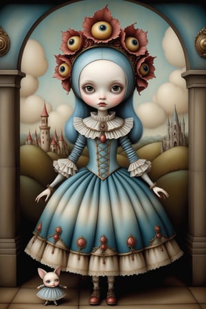 Cinematic scene - full body shot. in the style of Nicoletta Ceccoli, Mark Ryden and Esao Andrews. a detailed picture of an ancient renaissance italian girl in an elaborate outfit, doll in the style Nicoletta Ceccoli, Mark Ryden and Esao Andrews. 