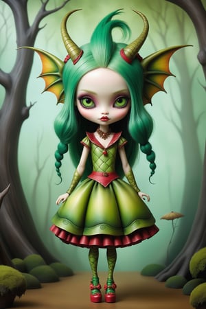 Cinematic scene - full body shot. in the style of Nicoletta Ceccoli, Mark Ryden and Esao Andrews. a detailed picture of Jinafire Long, green hair asian dragon girl from monster high in the style Nicoletta Ceccoli, Mark Ryden and Esao Andrews. 