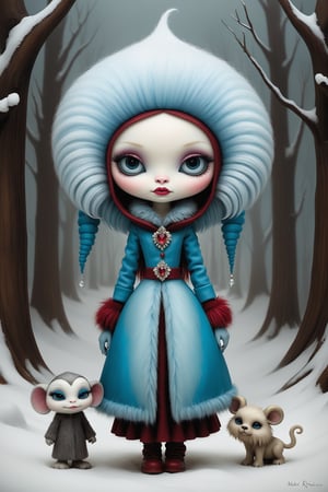 Cinematic scene - full body shot. in the style of Nicoletta Ceccoli, Mark Ryden and Esao Andrews. a detailed picture of Abbey Bominable abominable snowgirl from monster high with her small pet wooly mammoth shiver in the style Nicoletta Ceccoli, Mark Ryden and Esao Andrews. 