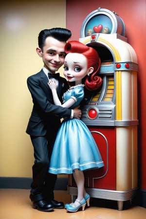 Cinematic scene - full body shot. in the style of Nicoletta Ceccoli, Mark Ryden and Esao Andrews. a detailed picture of a happy playful Rockabilly teen boy and teen girl hugging each other smiling in love slow dancing in front of a jukebox in a 1950's diner. the teens are wearing elaborate high fashion Rockabilly clothes in the style Nicoletta Ceccoli, Mark Ryden and Esao Andrews. 