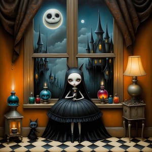 Cinematic shot, long shot, a gothic small girl in her gothic room casting spells, in the style Nicoletta Ceccoli, Mark Ryden and Esao Andrews. minimalist style. a detailed elaborate gothic bedroom with gothic repeating pattern wallpaper,  creepy cat, monster ghost paintings, dolls, colorful potion bottles, magic circle on floor, ancient leather spellbooks, candelabra, skulls, witch brooms, healing crystals. creepy cat. night time. dark outside. full moon visible through large window. (((perfect female hands))) (((perfect fingers))) (((manicured painted long fingernails))), in the style of esao andrews, Nicoletta Ceccoli, REALISTIC