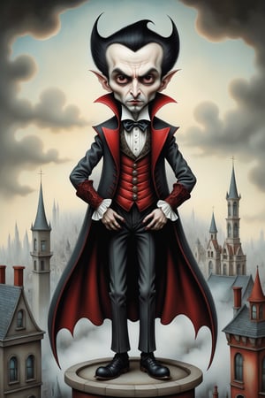 Cinematic scene - full body shot. in the style of Nicoletta Ceccoli, Mark Ryden and Esao Andrews. a detailed picture of a handsome dracula in an elaborate high fashion outfit standing on the roof of a high rise building in a gothic city in the style of Nicoletta Ceccoli, Mark Ryden and Esao Andrews. 