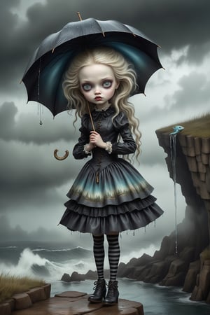 Cinematic scene - full body shot. in the style of Nicoletta Ceccoli, Mark Ryden and Esao Andrews. a picture of a pretty girl walking in a rain storm on a cliff above the ocean below. she has floor length long blonde hair and fringe. she has gothic make-up on her eyes and face. she is wearing an elaborate high fashion decorated rococo dress, stockings and shoes. her hair and dress are soaking, dripping wet. raindrops are falling from the sky. there is lightning and dark storm clouds in the sky. (((she carries her closed umbrella in her hand))). 