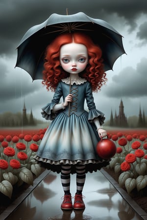 Cinematic scene - full body shot. in the style of Nicoletta Ceccoli, Mark Ryden and Esao Andrews. a picture of a girl walking in the rain without an umbrella. she has long vivid curly red hair. she is wearing an elaborate high fashion decorated rococo gothic dress, stockings and shoes. there is lightning and dark storm clouds in the sky. she is standing in a flower garden in a field. in the style Nicoletta Ceccoli, Mark Ryden and Esao Andrews. dynamic pose. remove umbrella.