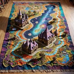 bird's eye view long shot top view of a Magic tapestry woven carpet, of holographic magical world, (3-D), ,three-dimensional depiction, emerging from a tapestry, 3d style textured intricate and detailed magical fairyland landscape world that is woven inside a textile thick tapestry, weaveworld by clive barker, tapestry, detailed intricate large magical realm, detailed villages, abodes, cottages, castles, different landscapes such as mountains, valleys, rivers, lakes, deserts, coastlines, landscapes, animals, dragons, intricate plant life, men, women, children can be seen in the woven tapestry or rug. exquisitely woven carpet  map, the map is lifted from paper It appears to float on the floor. you can see the feet and lower legs of someone standing next to the map, the carpet is large, the edges of the carpet are frayed, in the background you can see bundles and reams of vivid colored yarns, threads, high quality, imagination, 8K, fantasy art, style painting magic, map, itacstl,diorama,FlowerStyle