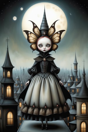 Cinematic scene - full body shot. in the style of Nicoletta Ceccoli, Mark Ryden and Esao Andrews. a detailed picture of a mothwoman in elaborate high fashion outfits standing on the roof of a high rise building in a gothic city at night under the full moon in the style of Nicoletta Ceccoli, Mark Ryden and Esao Andrews. 