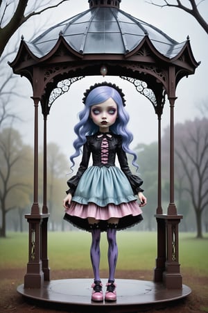 Cinematic scene - full body shot. in the style of Nicoletta Ceccoli, Mark Ryden and Esao Andrews. a picture of a pretty girl standing under a tall gazebo in a park in the pouring rain. she has long waist-length pastel blue pink and purple colored hair. she has gothic make-up on her eyes and face. she is wearing an elaborate high fashion gothic lolita, stockings and shoes. there is lightning and dark storm clouds in the sky above. (((perfect hands))) (((manicured fingernails))) ((((nail polish)))