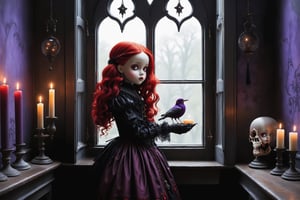 Cinematic scene - long shot side view, a gothic small girl, vibrant red long hair, bright red eyes, elaborate earrings, necklace, wearing elaborate gothic lolita dress purple, black, red colors, black gloves. she is in her gothic room looking out her large window in the style Nicoletta Ceccoli, Mark Ryden and Esao Andrews. minimalist style. a detailed elaborate gothic bedroom. dark william morris style patterned wallpaper, creepy portraits on the walls, dolls, ancient leather spellbooks, lanterns, candles, skulls, witch brooms, ghosts. midnight. dark outside. full moon visible through large window. in the style of Esao Andrews, Nicoletta Ceccoli, REALISTIC