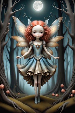 Cinematic scene - side view full body shot. in the style of Nicoletta Ceccoli, Mark Ryden and Esao Andrews. a detailed picture of a cute female fairy with elaborate fairy costume and elaborate fairy wings flying with other smaller fairies in an illuminated magical forest at night under a full moon in the style Nicoletta Ceccoli, Mark Ryden and Esao Andrews.