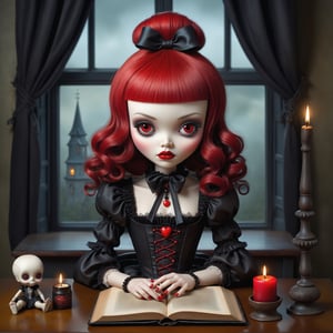 Cinematic shot of a beautiful young gothic lolita woman in the artistic style of Nicoletta Ceccoli, mark ryden and Esao Andrews. minimalist style. sweet smile. shiny short vivid red lauered hair with bangs. she has detailed vibrant red eyes. she has gothich dark make-up. she is sitting at her desk holding a voodoo doll with pins. it is night time, full moon outside of her window. her room has lit candles, old leather spellbooks, burning witchcraft items. feeling of exquisite beauty, whimsical dreams and magic. extremely detailed, (((perfect female anatomy))). extremely detailed, in the style of esao andrews, full body shot. dynamic pose. (((manicured long painted fingernails))) (((perfect hands))) (((perfect fingers))).