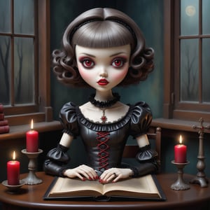 Cinematic shot of a beautiful young gothic lolita woman in the artistic style of Nicoletta Ceccoli, mark ryden and Esao Andrews. minimalist style. sweet smile. shiny short wavy hair with bangs. she has detailed vibrant red eyes. she has gothich dark make-up. she is sitting at her desk reading a large leather spellbook with magical symbols on the pages. it is night time, full moon outside of her window. her room has lit candles, old spellbooks, voodoo doll, witchcraft items. feeling of exquisite beauty, whimsical dreams and magic. extremely detailed, (((perfect female anatomy))). extremely detailed, in the style of esao andrews, full body shot. dynamic pose. (((manicured long painted fingernails))) (((perfect hands))) (((perfect fingers))).