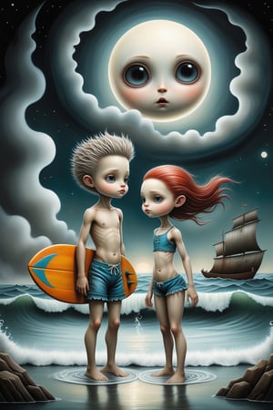 Cinematic scene - full body shot side view. in the style of Nicoletta Ceccoli, Mark Ryden and Esao Andrews. a detailed picture of a cute surfer girl and cute surfer boy playing in the ocean splashing water at night under a full moon girl wearing bikini, boy wearing swimming shorts, tank top, beach wear, in the style Nicoletta Ceccoli, Mark Ryden and Esao Andrews.