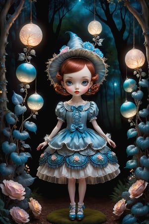 Cinematic full body shot of a beautiful young sweet gothic lolita woman in the artistic style of Nicoletta Ceccoli, Mark Ryden and Esao Andrews. minimalist style. sweet smile. bright blue eyes. shiny short straight layered copper hair with bangs. she is standing in a magical forest with beautiful trees, illuminated flowers, ferns, glowing colorful orbs. it is night time, full moon. dark sky outside of her window. she wears an elaborate sweet lolita dress large long dangle elaborate earrings on both ears. feeling of exquisite beauty, whimsical dreams and magic. extremely detailed, (((perfect female anatomy))). extremely detailed, in the style of esao andrews, full body shot. head to toe shot. dynamic pose.