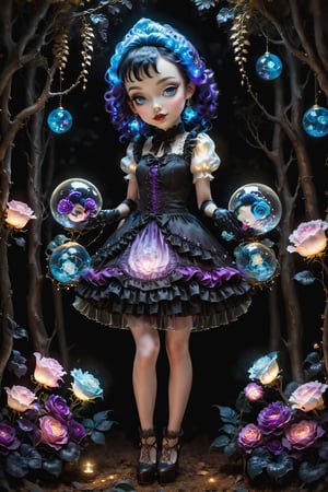 Cinematic full body shot of a beautiful young sweet gothic lolita woman in the artistic style of Nicoletta Ceccoli, Mark Ryden and Esao Andrews. minimalist style. sweet smile. bright blue eyes. long curly blond hair with bangs. she is standing in a magical forest with beautiful trees, illuminated flowers, ferns, glowing colorful orbs. it is night time, full moon. dark sky outside of her window. she wears an elaborate gothic lolita dress in black, purple, white colors. gloves on her hands. elaborate large earrings, feeling of exquisite beauty, whimsical dreams and magic. extremely detailed, (((perfect female anatomy))). extremely detailed, in the style of esao andrews, full body shot. head to toe shot. dynamic pose.,zavy-hrglw
