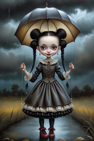 Cinematic scene - full body shot. in the style of Nicoletta Ceccoli, Mark Ryden and Esao Andrews. a detailed picture of a girl with long jet black hair in elaborate buns and braids smiling happy joyful its raining. she is in an elaborate high fashion outfit. the rain is falling and there is lightning and stormy sky above her in the style Nicoletta Ceccoli, Mark Ryden and Esao Andrews. she is dancing in the rain. her clothes and hair are wet. (((no umbrella)))