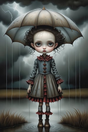Cinematic scene - full body shot. in the style of Nicoletta Ceccoli, Mark Ryden and Esao Andrews. a detailed picture of a girl without an unbrella in an elaborate high fashion outfit soaking wet standing in a rain storm, lightning and stormy sky above her in the style Nicoletta Ceccoli, Mark Ryden and Esao Andrews. 