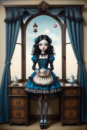Cinematic full body shot of a beautiful young sweet gothic lolita woman in the artistic style of Nicoletta Ceccoli, mark ryden and Esao Andrews. minimalist style. sweet smile. bright blue eyes. shiny long black hair corkscrew curls cascading down her front and back. she is standing next to her window holding a teacup. on her desk is an open picture book with magical symbols. it is night time, full moon outside of her window. she wears an elaborate sweet lolita dress, patterend stockings and mary jane shoes. feeling of exquisite beauty, whimsical dreams and magic. extremely detailed, (((perfect female anatomy))). extremely detailed, in the style of esao andrews, full body shot. head to toe shot. dynamic pose.