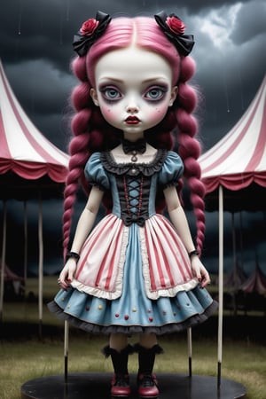 Cinematic scene - full body shot. in the style of Nicoletta Ceccoli, Mark Ryden and Esao Andrews. a picture of a pretty girl at a carnival circus in the pouring rain. she is standing under a circus tent watching the rain drops fall. she has long bright pink colored hair in elaborate braids and buns. she has gothic make-up on her eyes and face. she is wearing an elaborate high fashion gothic lolita, stockings and shoes. there is lightning and dark storm clouds in the sky above. (((perfect hands))) (((manicured fingernails))) ((((nail polish)))